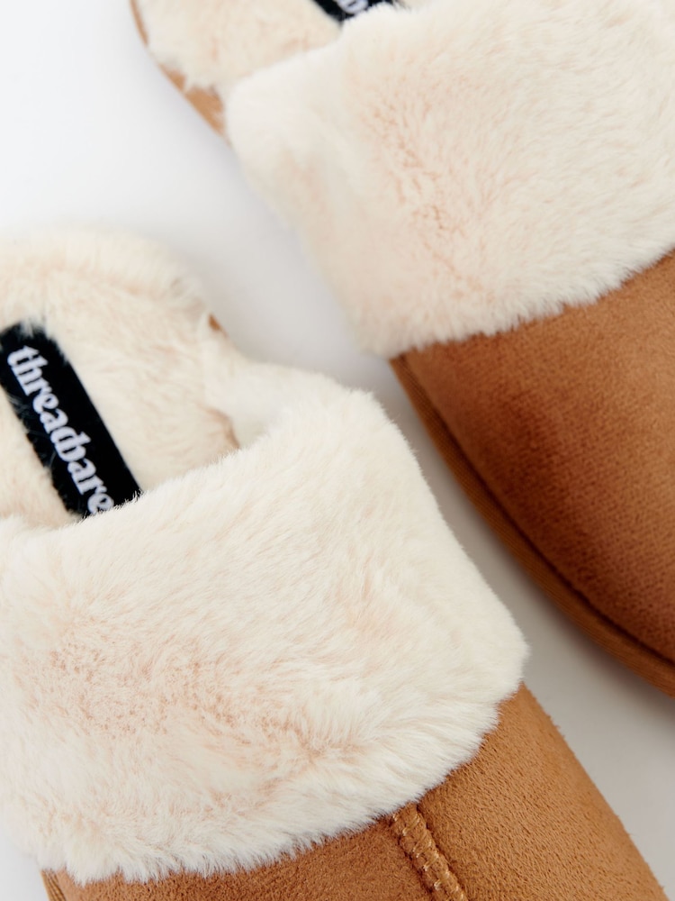 Threadbare Brown Faux Suede Faux Fur Lined Mule Slippers - Image 5 of 6