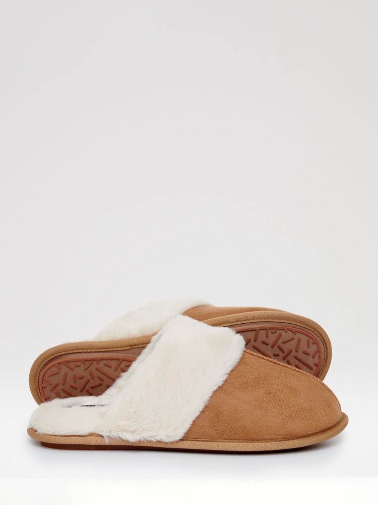 Threadbare Brown Faux Suede Faux Fur Lined Mule Slippers - Image 6 of 6