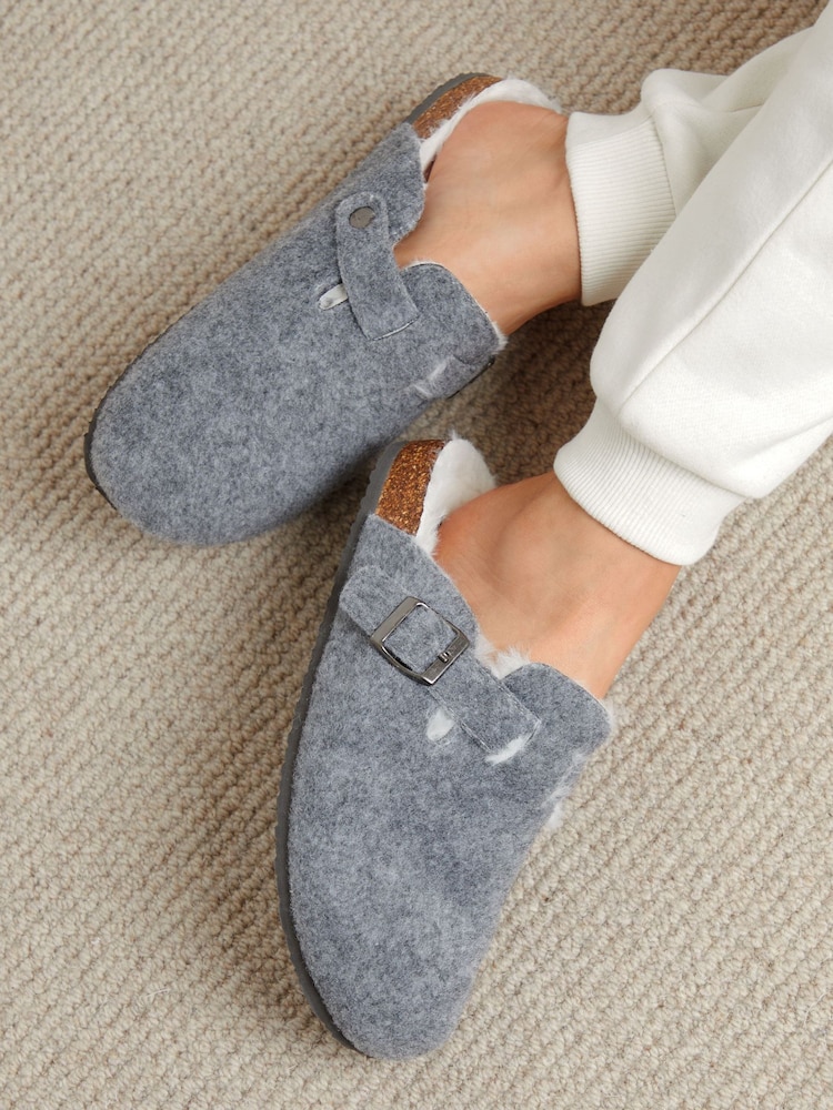 Threadbare Grey Felt Faux Fur Lined Clog Mule Slippers - Image 1 of 5