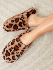 Threadbare Leopard Faux Fur Mule Slippers - Image 1 of 5