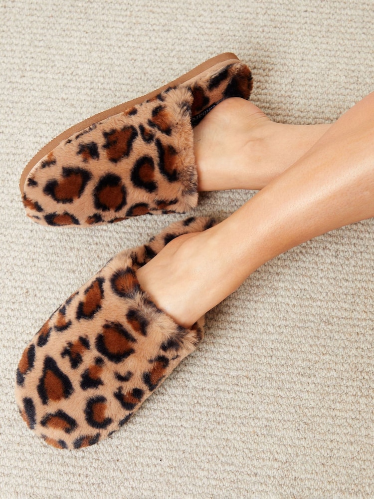 Threadbare Leopard Faux Fur Mule Slippers - Image 1 of 5
