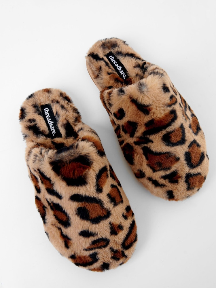 Threadbare Leopard Faux Fur Mule Slippers - Image 2 of 5