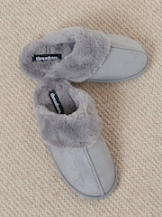 Threadbare Grey Faux Suede Faux Fur Lined Mule Slippers - Image 2 of 6