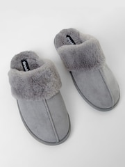 Threadbare Grey Faux Suede Faux Fur Lined Mule Slippers - Image 4 of 6