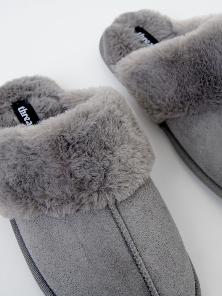 Threadbare Grey Faux Suede Faux Fur Lined Mule Slippers - Image 6 of 6