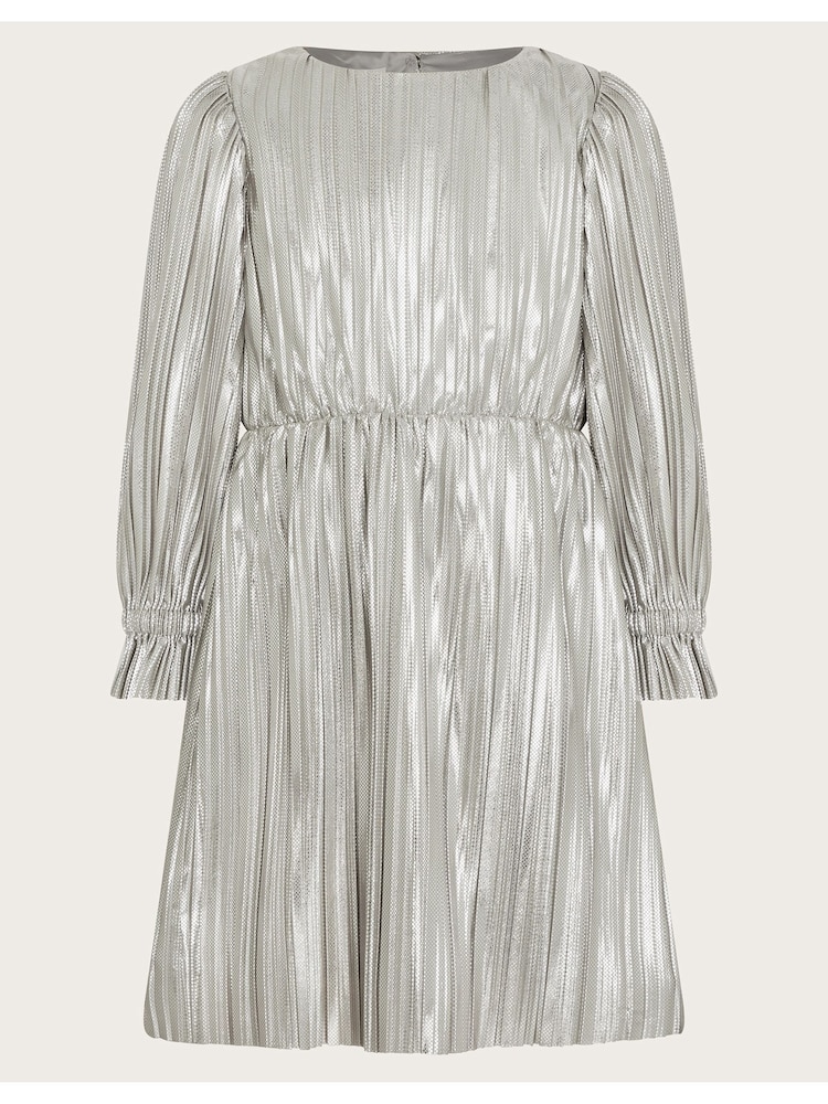 Monsoon Silver Long Sleeve Metallic Plisse Dress - Image 1 of 3