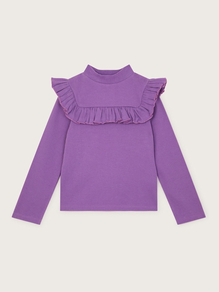 Monsoon Purple Ribbed Frill Long Sleeve Top - Image 1 of 3