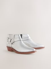 Metallic Silver Leather Forever Comfort® Harness Buckled Cowboy Ankle Boots - Image 1 of 6