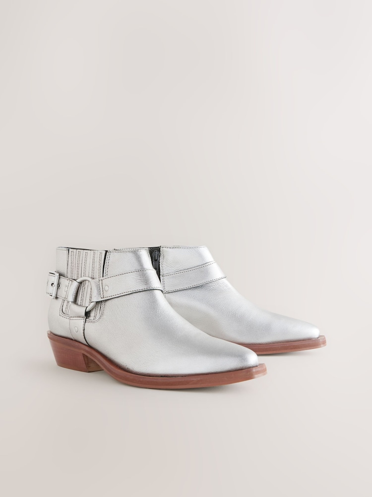 Metallic Silver Leather Forever Comfort® Harness Buckled Cowboy Ankle Boots - Image 1 of 6