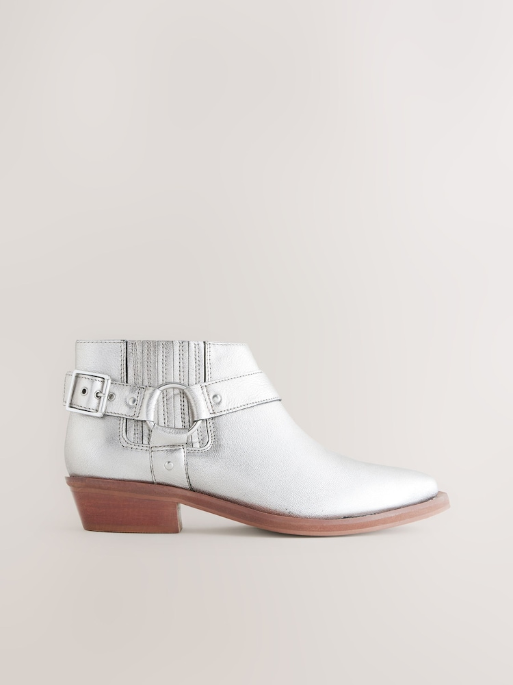Metallic Silver Leather Forever Comfort® Harness Buckled Cowboy Ankle Boots - Image 2 of 6