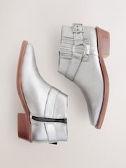 Metallic Silver Leather Forever Comfort® Harness Buckled Cowboy Ankle Boots - Image 4 of 6