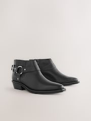Black Leather Forever Comfort® Harness Buckled Cowboy Ankle Boots - Image 1 of 5