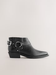 Black Leather Forever Comfort® Harness Buckled Cowboy Ankle Boots - Image 2 of 5