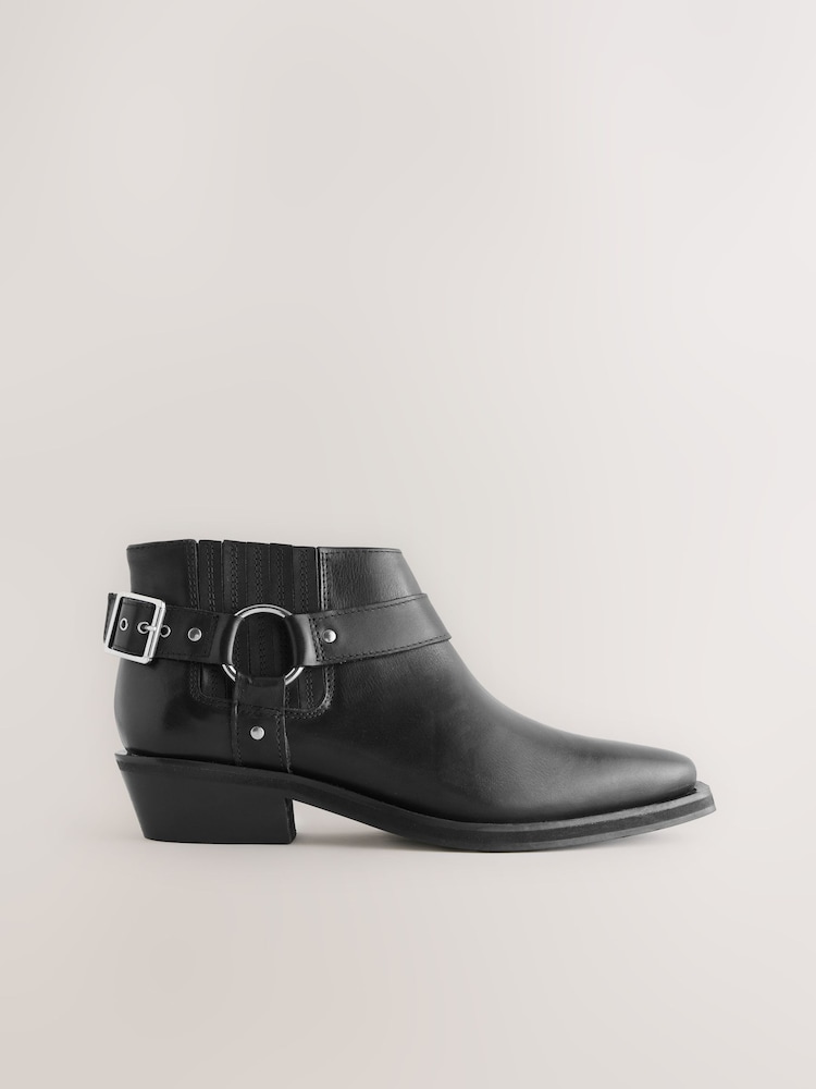 Black Leather Forever Comfort® Harness Buckled Cowboy Ankle Boots - Image 2 of 5