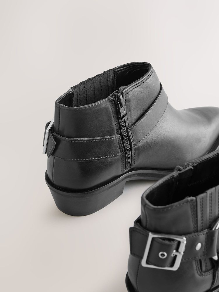 Black Leather Forever Comfort® Harness Buckled Cowboy Ankle Boots - Image 5 of 5