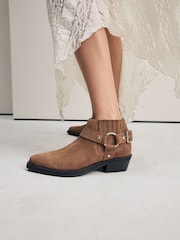 Tan Brown Suede Forever Comfort® Harness Buckled Cowboy Ankle Boots - Image 1 of 5