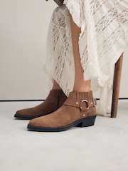 Tan Brown Suede Forever Comfort® Harness Buckled Cowboy Ankle Boots - Image 2 of 5