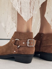 Tan Brown Suede Forever Comfort® Harness Buckled Cowboy Ankle Boots - Image 4 of 5