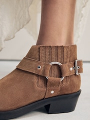 Tan Brown Suede Forever Comfort® Harness Buckled Cowboy Ankle Boots - Image 5 of 5