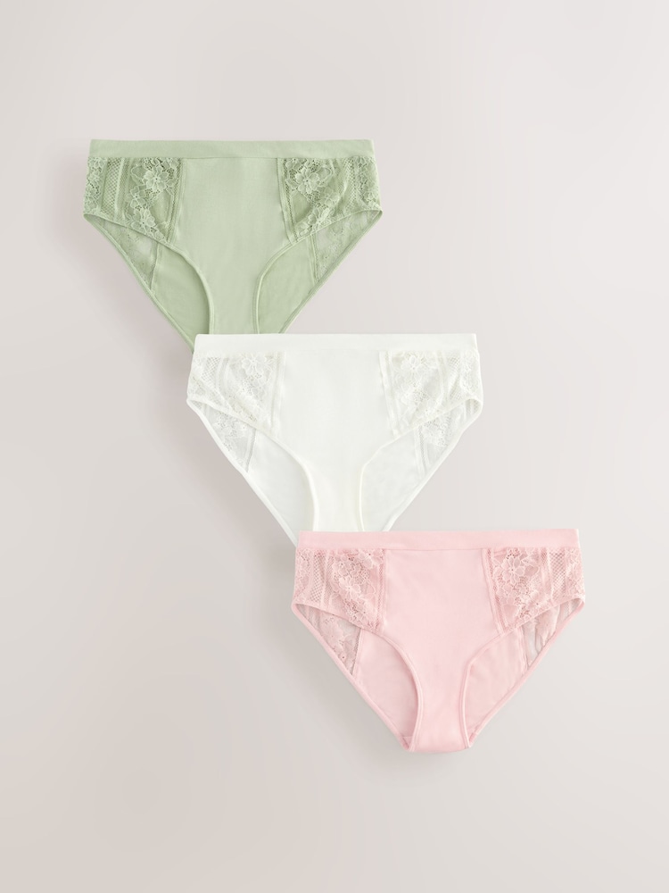 Khaki/Light Pink/Cream High Rise Modal & Lace Knickers 3 Pack - Image 1 of 6