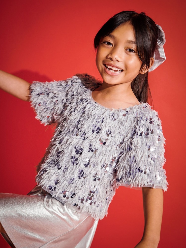 Monsoon Silver Sequin Feathery T-Shirt and Metallic Skirt Set - Image 1 of 5