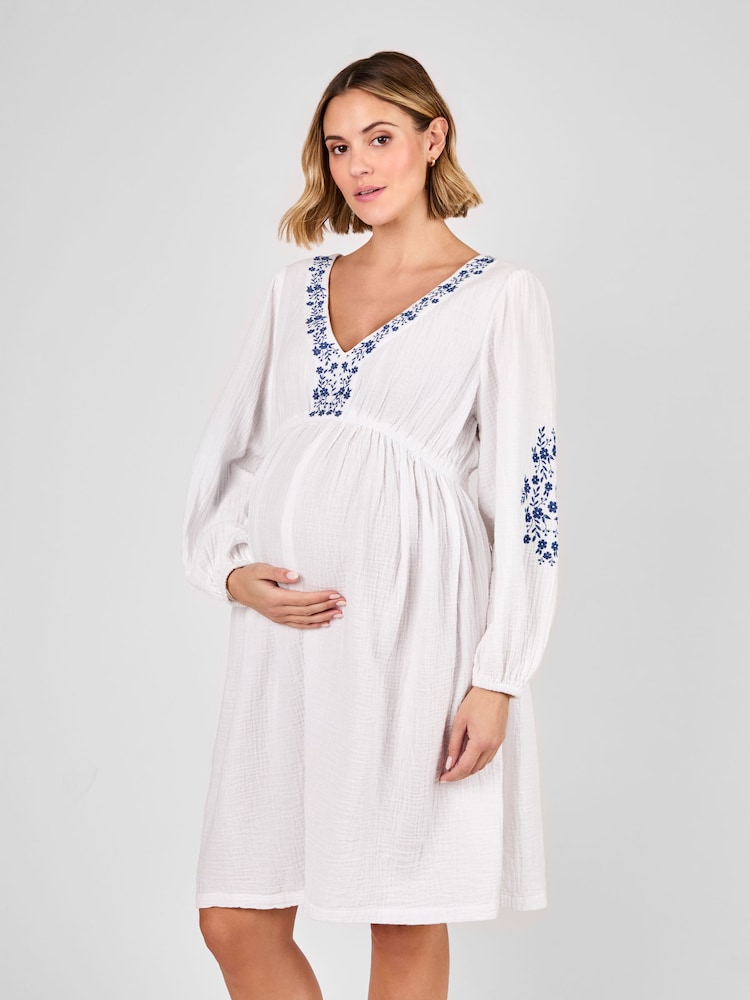 JoJo Maman Bébé White Embroidered Textured Maternity Mini Dress - Image 3 of 4
