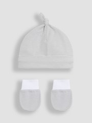 JoJo Maman Bébé Grey 2 Piece Baby 100% Cotton Hat and Mittens Set - Image 1 of 4