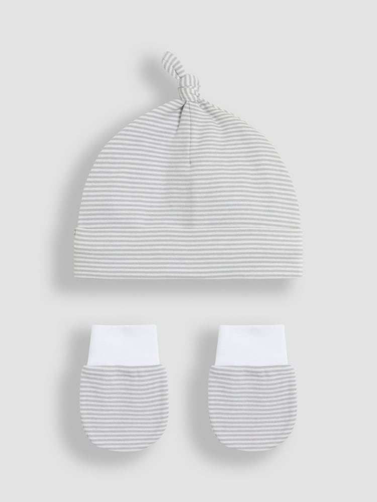 JoJo Maman Bébé Grey 2 Piece Baby 100% Cotton Hat and Mittens Set - Image 1 of 4