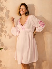 JoJo Maman Bébé Pink Embroidered Textured Maternity Mini Dress - Image 1 of 5