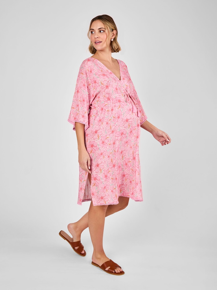 JoJo Maman Bébé Pink Floral Maternity Mini Kaftan Dress - Image 1 of 4