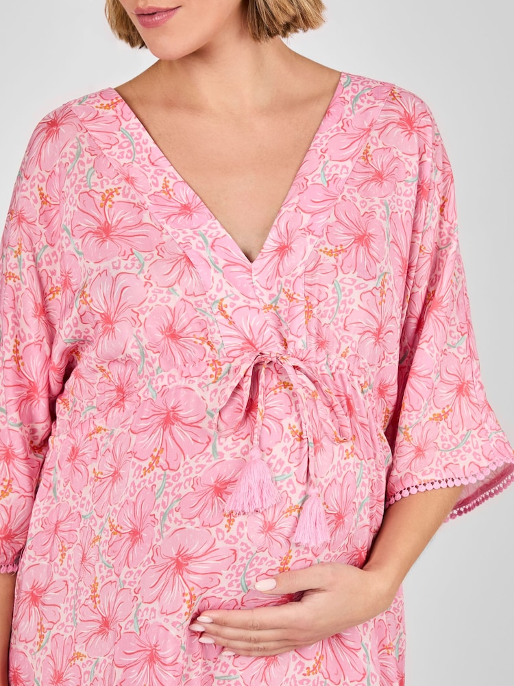 JoJo Maman Bébé Pink Floral Maternity Mini Kaftan Dress - Image 4 of 4