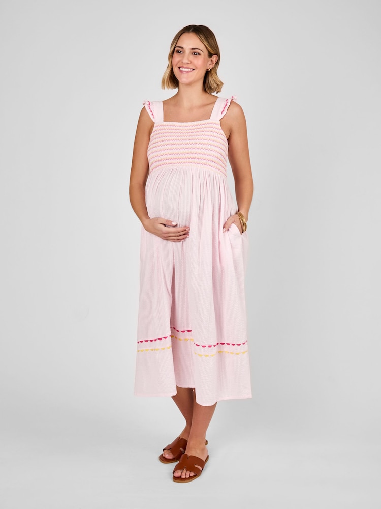 JoJo Maman Bébé Pink Frill Sleeve Shirred Maternity Midi Dress - Image 1 of 4