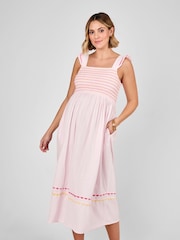 JoJo Maman Bébé Pink Frill Sleeve Shirred Maternity Midi Dress - Image 3 of 4