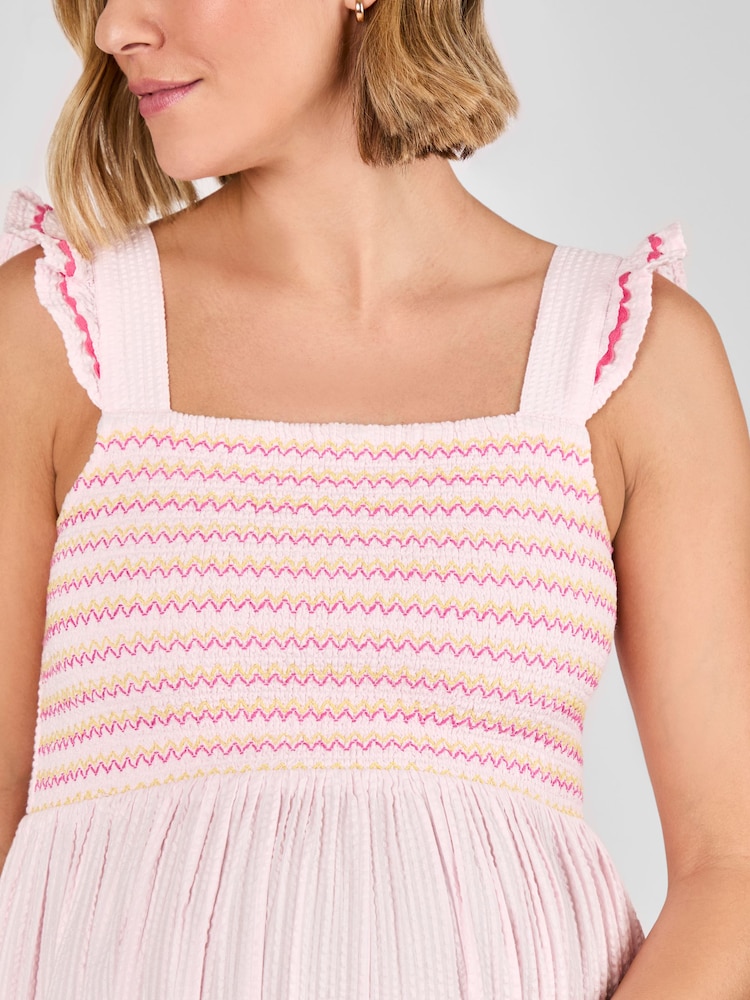 JoJo Maman Bébé Pink Frill Sleeve Shirred Maternity Midi Dress - Image 4 of 4