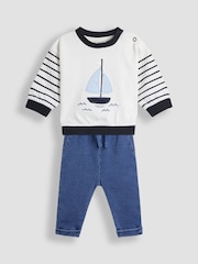 JoJo Maman Bébé Ecru Organic Cotton Sail Boat Sweatshirt & Joggers Set - Image 1 of 5
