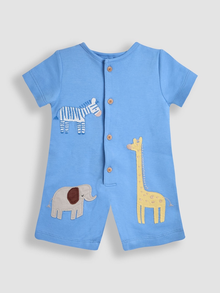 JoJo Maman Bébé Blue 100% Organic Cotton Safari Button Front Romper - Image 1 of 3