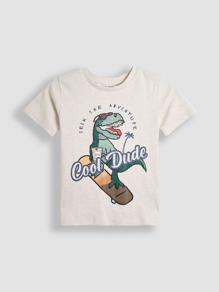 JoJo Maman Bébé Oatmeal Natural Dino Skater Printed Graphic T-Shirt - Image 1 of 3