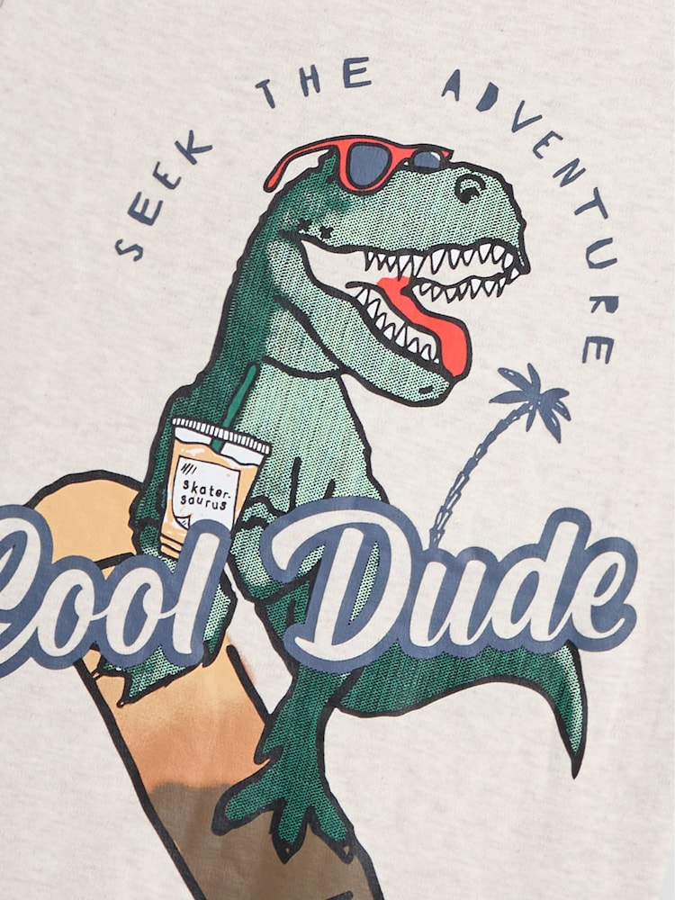 JoJo Maman Bébé Oatmeal Natural Dino Skater Printed Graphic T-Shirt - Image 3 of 3