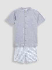 JoJo Maman Bébé Blue 2-Piece Grandad Collar Shirt & Striped Shorts Set - Image 1 of 6