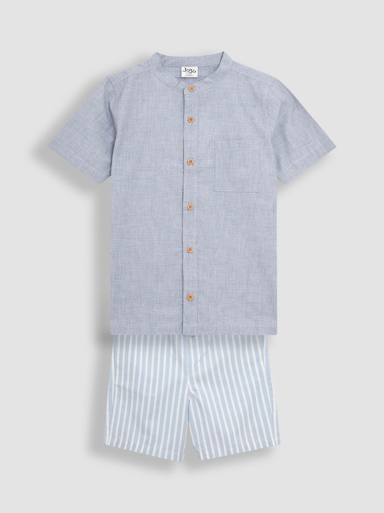 JoJo Maman Bébé Blue 2-Piece Grandad Collar Shirt & Striped Shorts Set - Image 1 of 6