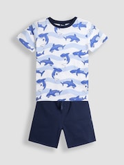 JoJo Maman Bébé Blue Shark T-Shirt & Shorts Set 2 Piece - Image 1 of 5