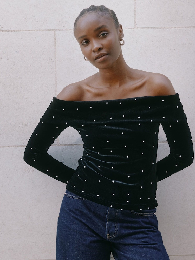 Albaray Velvet & Pearl Bardot Black Top - Image 1 of 4