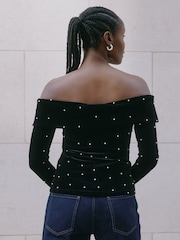 Albaray Velvet & Pearl Bardot Black Top - Image 2 of 4