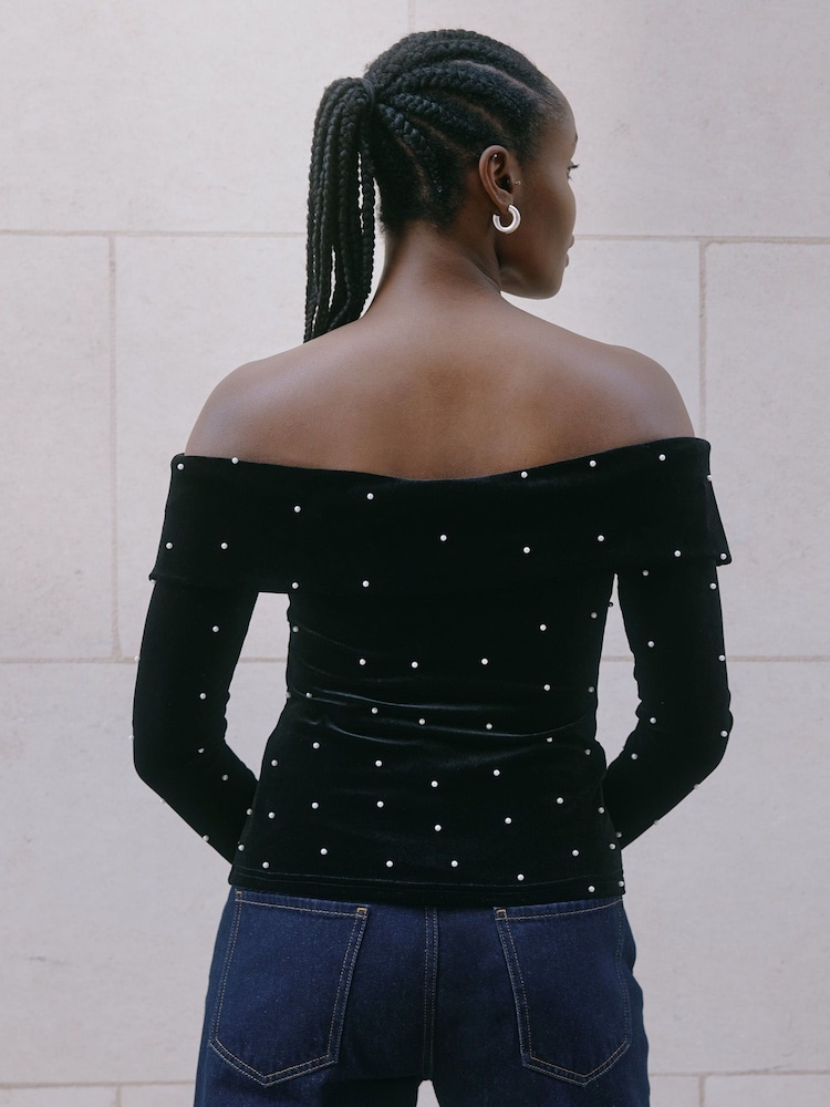 Albaray Velvet & Pearl Bardot Black Top - Image 2 of 4