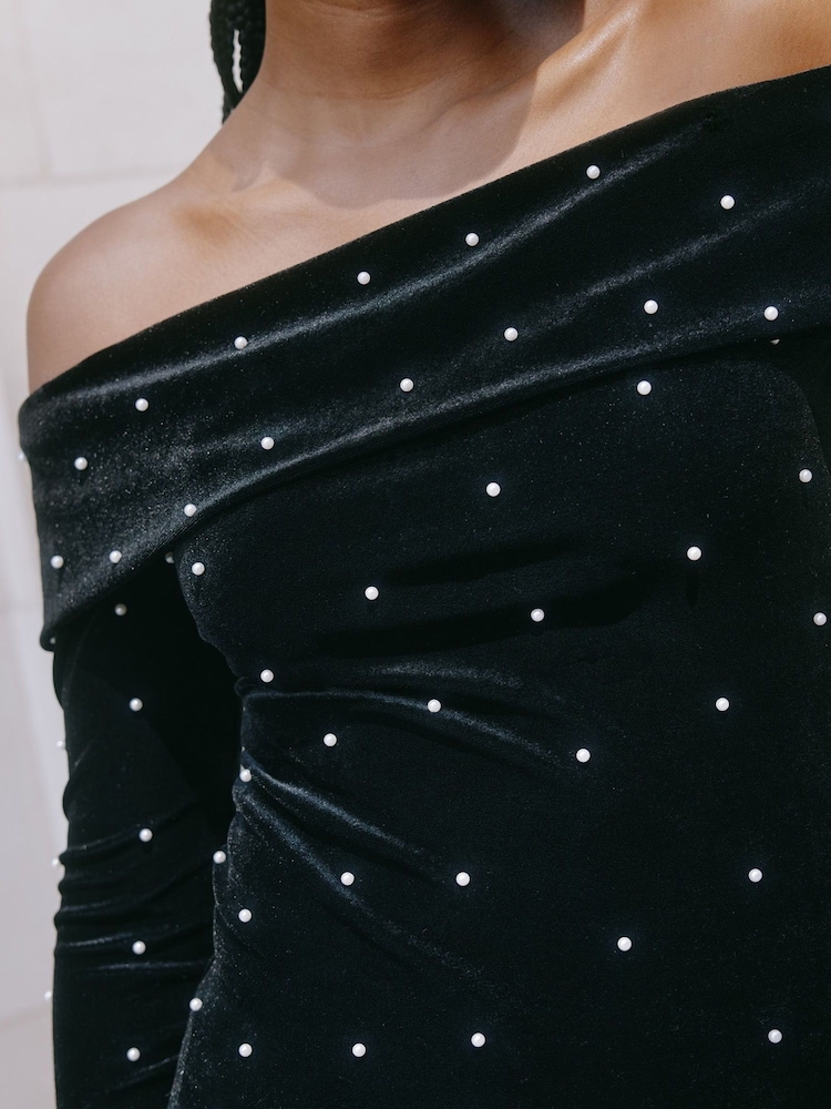 Albaray Velvet & Pearl Bardot Black Top - Image 4 of 4
