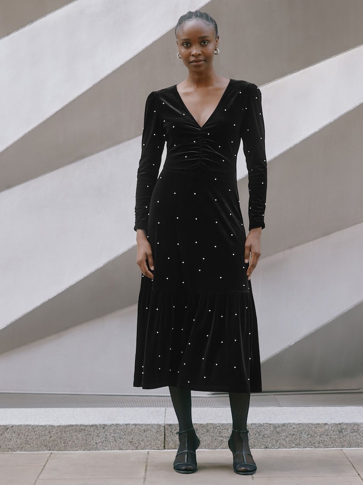 Albaray Velvet & Pearl Midi Black Dress - Image 1 of 5