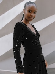 Albaray Velvet & Pearl Midi Black Dress - Image 3 of 5