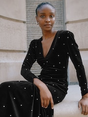 Albaray Velvet & Pearl Midi Black Dress - Image 4 of 5