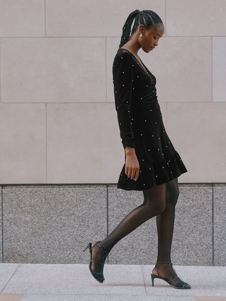 Albaray Velvet & Pearl Short Black Dress - Image 1 of 4 Albaray Velvet & Pearl Short Black Dress - Image 1 of 4