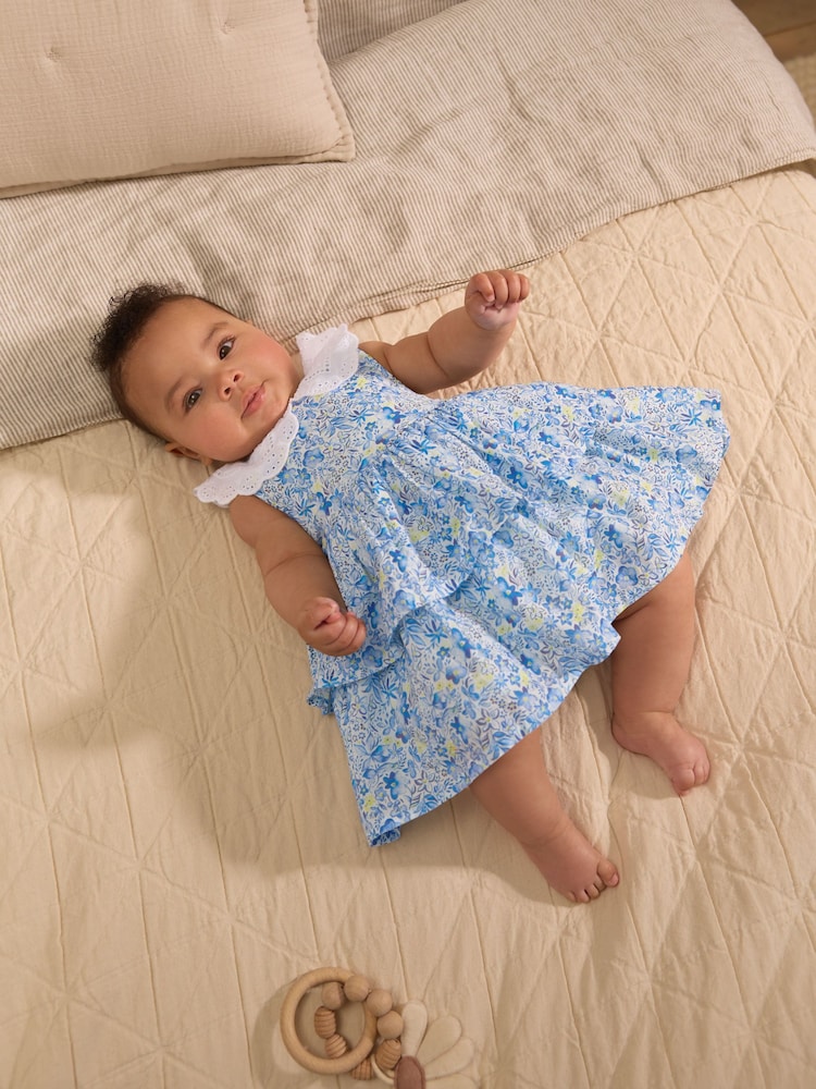 Blue Floral Baby Frill Collar Tiered 100% Cotton Dress (0mths-2yrs) - Image 1 of 11